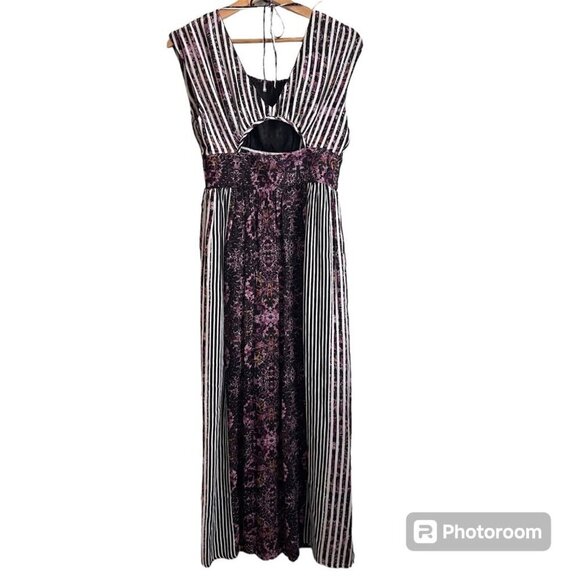 Free People Womens Midi Dress Sz 2 Cut Out Stripe Floral Boho Beachy Mixed Media - Picture 2 of 8